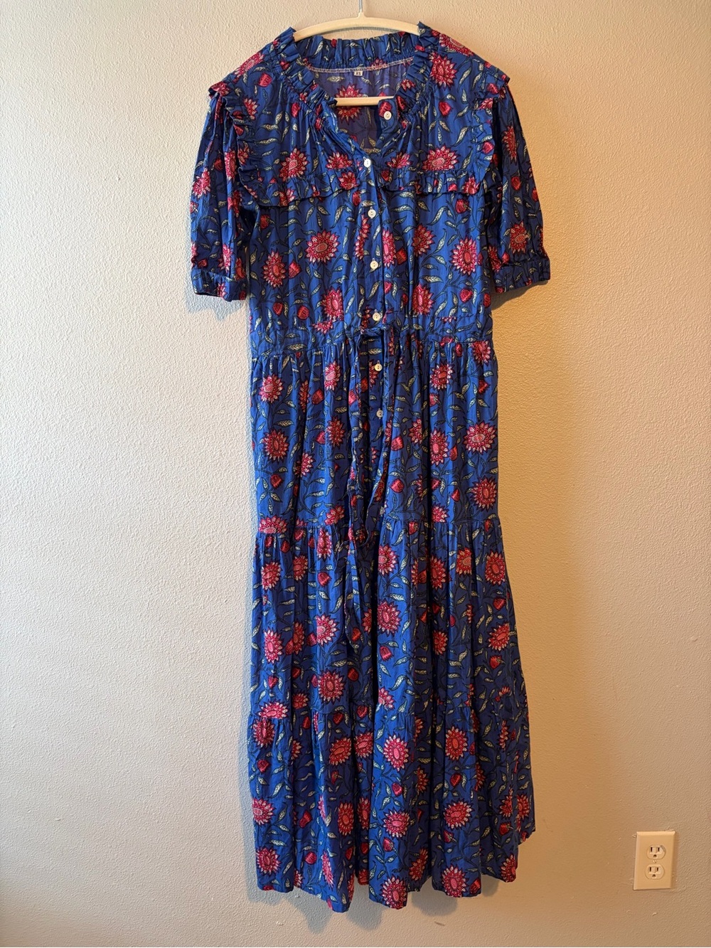 Blue Floral Button-Front Maxi Dress with Pink Blooms
